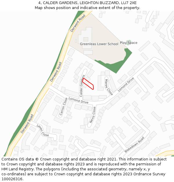 4, CALDER GARDENS, LEIGHTON BUZZARD, LU7 2XE: Location map and indicative extent of plot