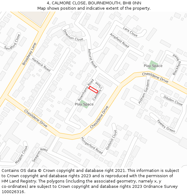 4, CALMORE CLOSE, BOURNEMOUTH, BH8 0NN: Location map and indicative extent of plot