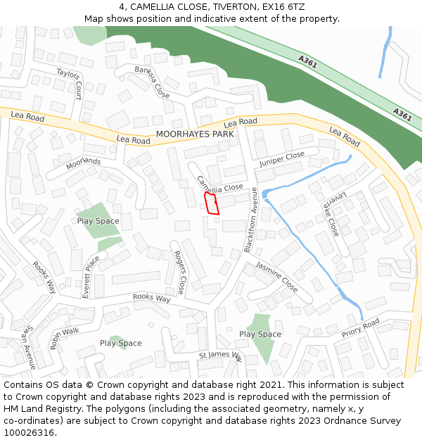 4, CAMELLIA CLOSE, TIVERTON, EX16 6TZ: Location map and indicative extent of plot