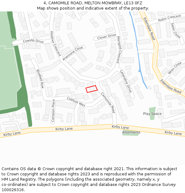 4, CAMOMILE ROAD, MELTON MOWBRAY, LE13 0FZ: Location map and indicative extent of plot