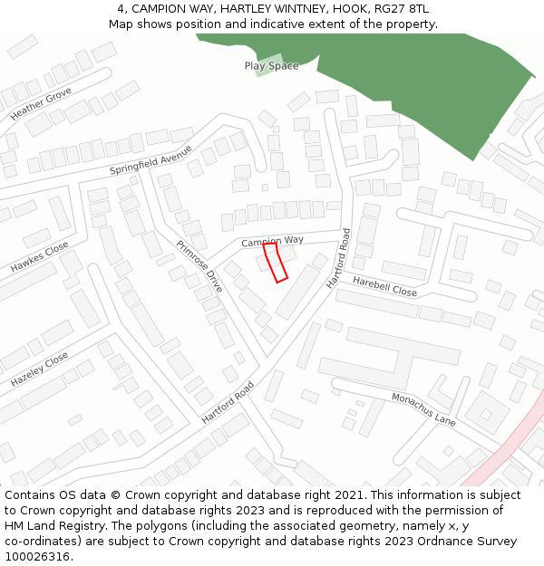 4, CAMPION WAY, HARTLEY WINTNEY, HOOK, RG27 8TL: Location map and indicative extent of plot