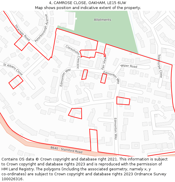 4, CAMROSE CLOSE, OAKHAM, LE15 6UW: Location map and indicative extent of plot