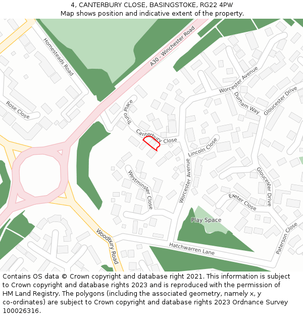 4, CANTERBURY CLOSE, BASINGSTOKE, RG22 4PW: Location map and indicative extent of plot