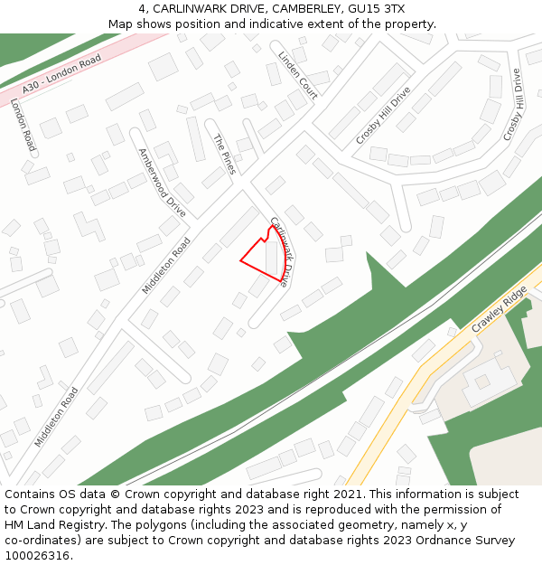 4, CARLINWARK DRIVE, CAMBERLEY, GU15 3TX: Location map and indicative extent of plot