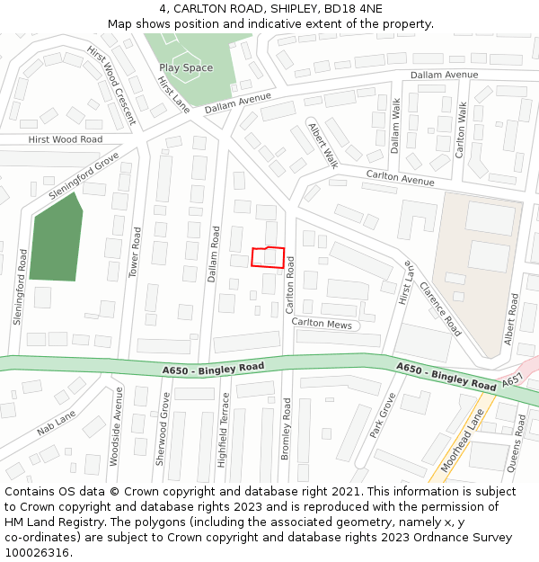 4, CARLTON ROAD, SHIPLEY, BD18 4NE: Location map and indicative extent of plot