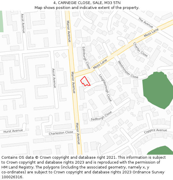 4, CARNEGIE CLOSE, SALE, M33 5TN: Location map and indicative extent of plot