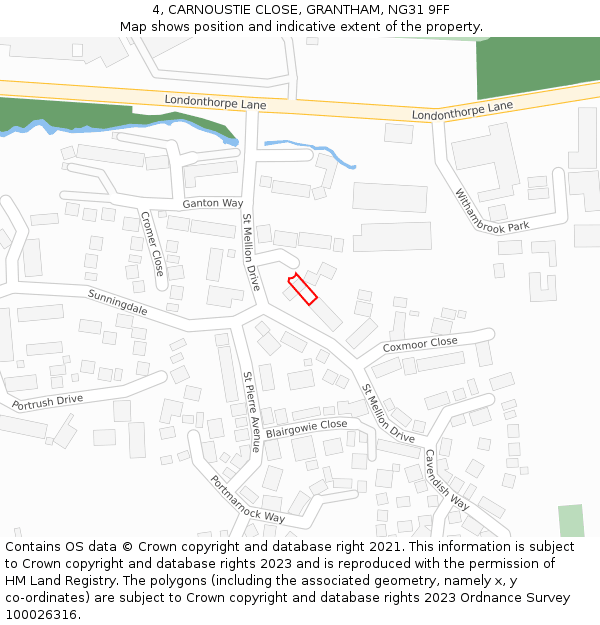 4, CARNOUSTIE CLOSE, GRANTHAM, NG31 9FF: Location map and indicative extent of plot