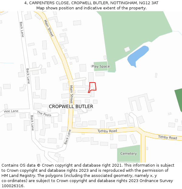 4, CARPENTERS CLOSE, CROPWELL BUTLER, NOTTINGHAM, NG12 3AT: Location map and indicative extent of plot