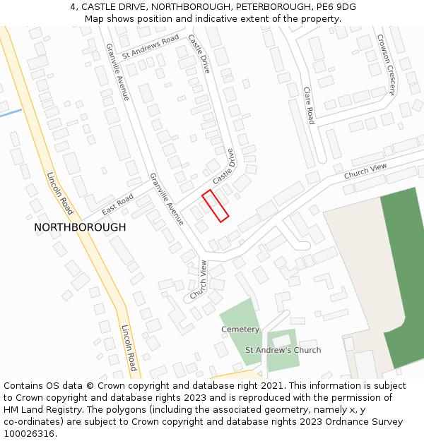 4, CASTLE DRIVE, NORTHBOROUGH, PETERBOROUGH, PE6 9DG: Location map and indicative extent of plot