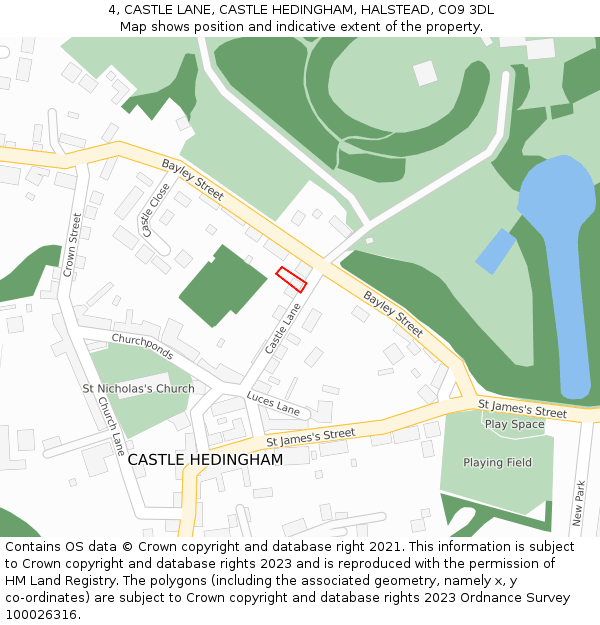 4, CASTLE LANE, CASTLE HEDINGHAM, HALSTEAD, CO9 3DL: Location map and indicative extent of plot
