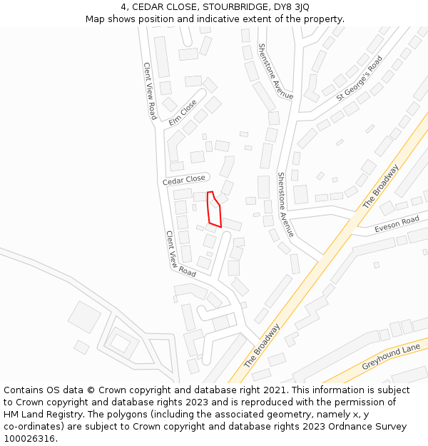 4, CEDAR CLOSE, STOURBRIDGE, DY8 3JQ: Location map and indicative extent of plot