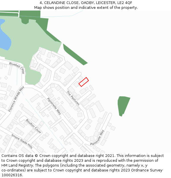 4, CELANDINE CLOSE, OADBY, LEICESTER, LE2 4QF: Location map and indicative extent of plot