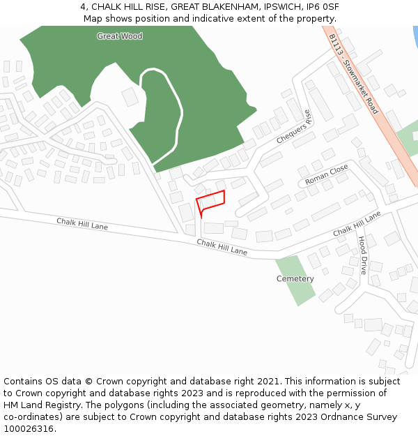 4, CHALK HILL RISE, GREAT BLAKENHAM, IPSWICH, IP6 0SF: Location map and indicative extent of plot