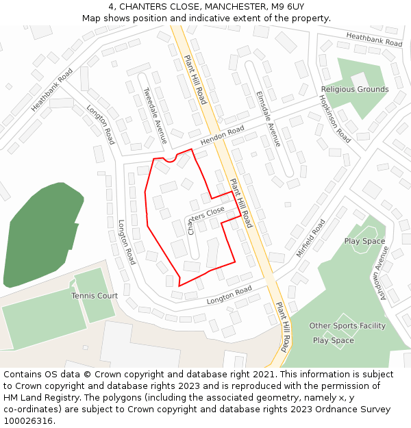 4, CHANTERS CLOSE, MANCHESTER, M9 6UY: Location map and indicative extent of plot
