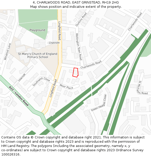 4, CHARLWOODS ROAD, EAST GRINSTEAD, RH19 2HG: Location map and indicative extent of plot