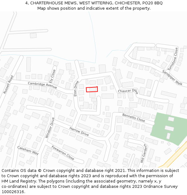 4, CHARTERHOUSE MEWS, WEST WITTERING, CHICHESTER, PO20 8BQ: Location map and indicative extent of plot