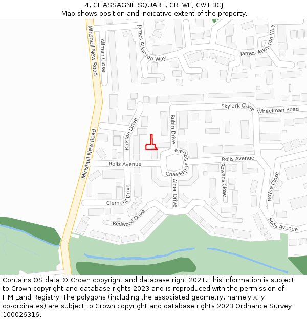 4, CHASSAGNE SQUARE, CREWE, CW1 3GJ: Location map and indicative extent of plot