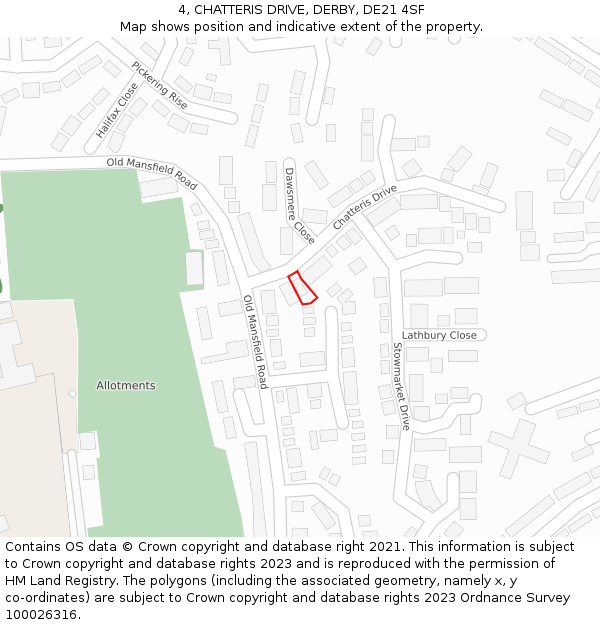 4, CHATTERIS DRIVE, DERBY, DE21 4SF: Location map and indicative extent of plot