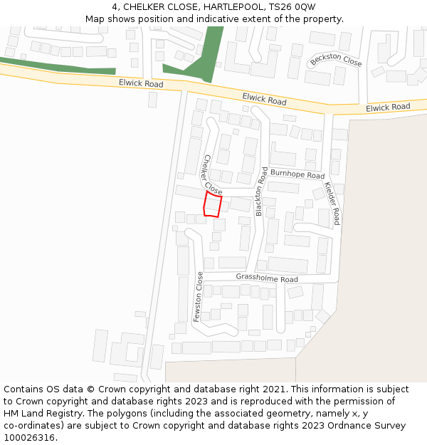 4, CHELKER CLOSE, HARTLEPOOL, TS26 0QW: Location map and indicative extent of plot