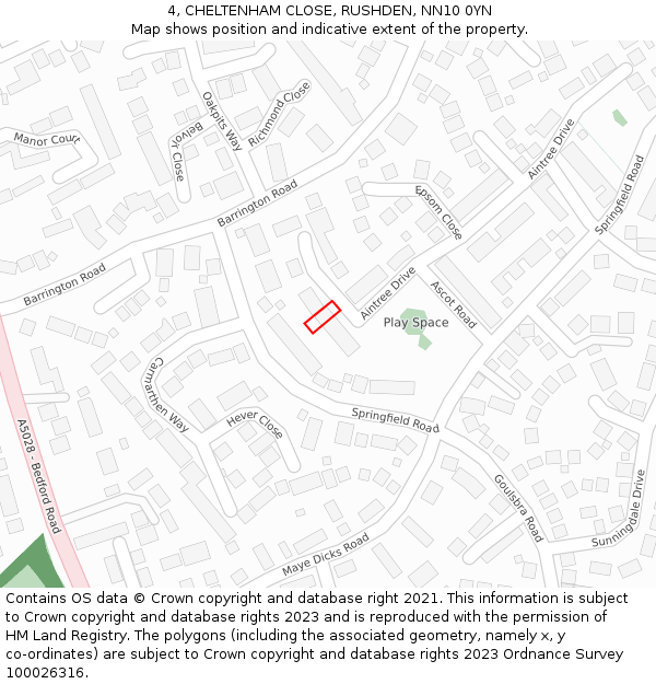 4, CHELTENHAM CLOSE, RUSHDEN, NN10 0YN: Location map and indicative extent of plot