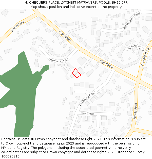 4, CHEQUERS PLACE, LYTCHETT MATRAVERS, POOLE, BH16 6FR: Location map and indicative extent of plot