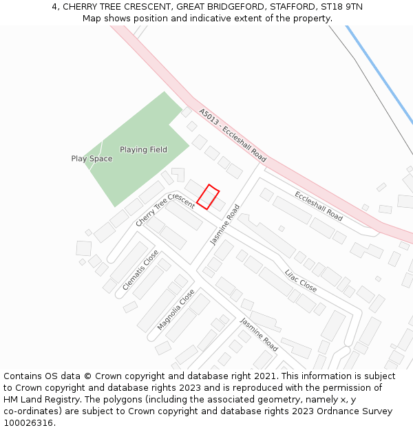 4, CHERRY TREE CRESCENT, GREAT BRIDGEFORD, STAFFORD, ST18 9TN: Location map and indicative extent of plot