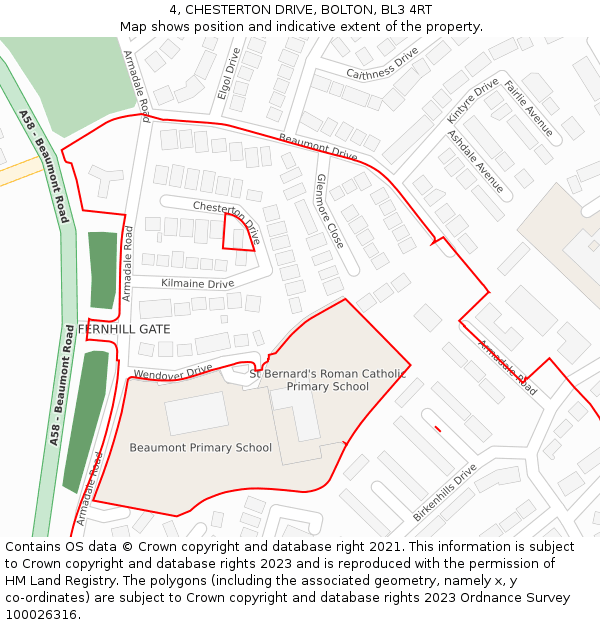 4, CHESTERTON DRIVE, BOLTON, BL3 4RT: Location map and indicative extent of plot