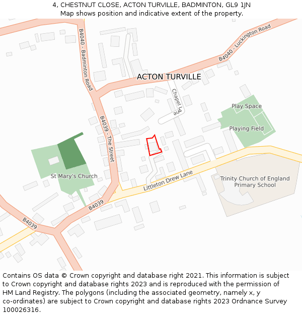 4, CHESTNUT CLOSE, ACTON TURVILLE, BADMINTON, GL9 1JN: Location map and indicative extent of plot