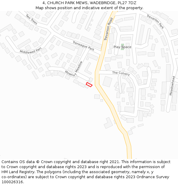 4, CHURCH PARK MEWS, WADEBRIDGE, PL27 7DZ: Location map and indicative extent of plot