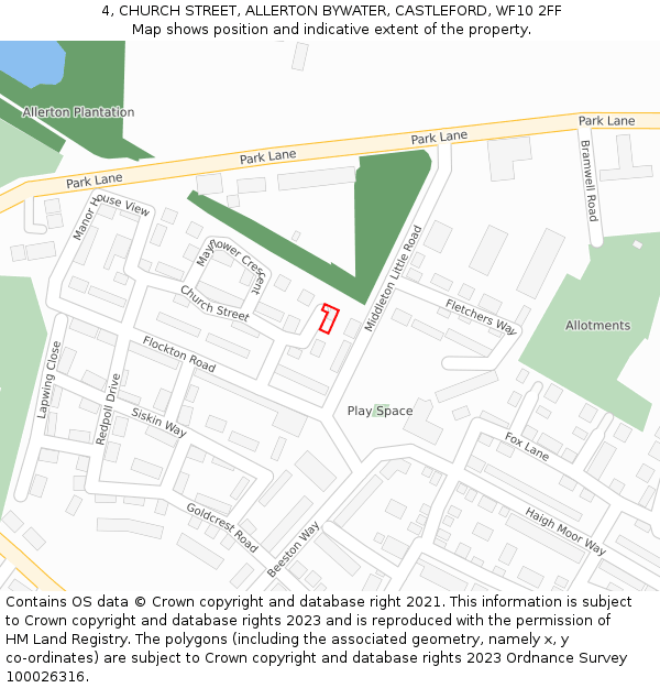 4, CHURCH STREET, ALLERTON BYWATER, CASTLEFORD, WF10 2FF: Location map and indicative extent of plot