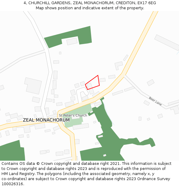 4, CHURCHILL GARDENS, ZEAL MONACHORUM, CREDITON, EX17 6EG: Location map and indicative extent of plot