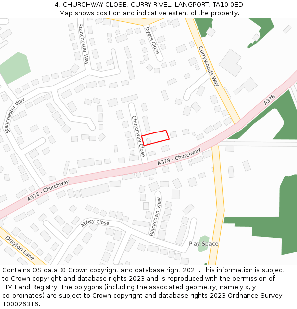 4, CHURCHWAY CLOSE, CURRY RIVEL, LANGPORT, TA10 0ED: Location map and indicative extent of plot