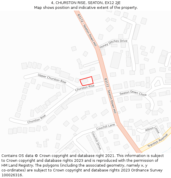 4, CHURSTON RISE, SEATON, EX12 2JE: Location map and indicative extent of plot