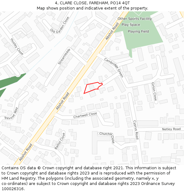 4, CLARE CLOSE, FAREHAM, PO14 4QT: Location map and indicative extent of plot