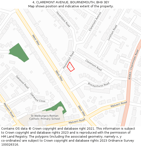 4, CLAREMONT AVENUE, BOURNEMOUTH, BH9 3EY: Location map and indicative extent of plot