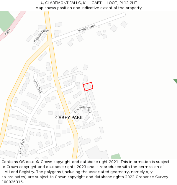 4, CLAREMONT FALLS, KILLIGARTH, LOOE, PL13 2HT: Location map and indicative extent of plot