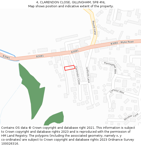 4, CLARENDON CLOSE, GILLINGHAM, SP8 4NL: Location map and indicative extent of plot