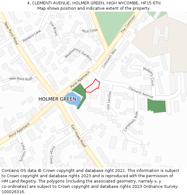4, CLEMENTI AVENUE, HOLMER GREEN, HIGH WYCOMBE, HP15 6TN: Location map and indicative extent of plot