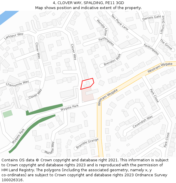 4, CLOVER WAY, SPALDING, PE11 3GD: Location map and indicative extent of plot