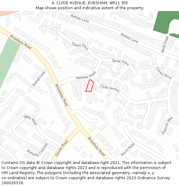 4, CLYDE AVENUE, EVESHAM, WR11 3FE: Location map and indicative extent of plot