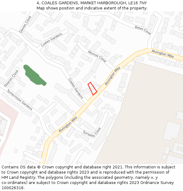 4, COALES GARDENS, MARKET HARBOROUGH, LE16 7NY: Location map and indicative extent of plot