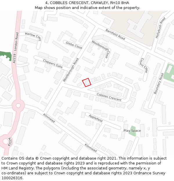 4, COBBLES CRESCENT, CRAWLEY, RH10 8HA: Location map and indicative extent of plot