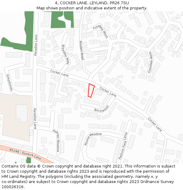 4, COCKER LANE, LEYLAND, PR26 7SU: Location map and indicative extent of plot