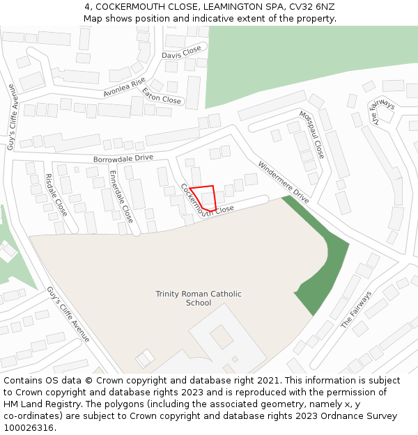 4, COCKERMOUTH CLOSE, LEAMINGTON SPA, CV32 6NZ: Location map and indicative extent of plot