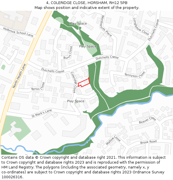 4, COLERIDGE CLOSE, HORSHAM, RH12 5PB: Location map and indicative extent of plot