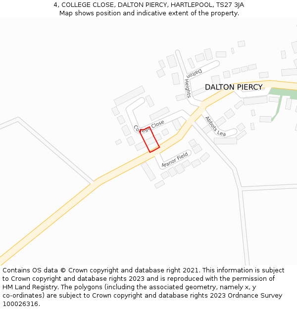 4, COLLEGE CLOSE, DALTON PIERCY, HARTLEPOOL, TS27 3JA: Location map and indicative extent of plot