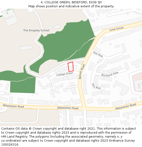 4, COLLEGE GREEN, BIDEFORD, EX39 3JY: Location map and indicative extent of plot