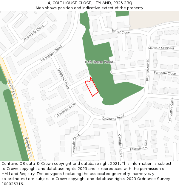 4, COLT HOUSE CLOSE, LEYLAND, PR25 3BQ: Location map and indicative extent of plot