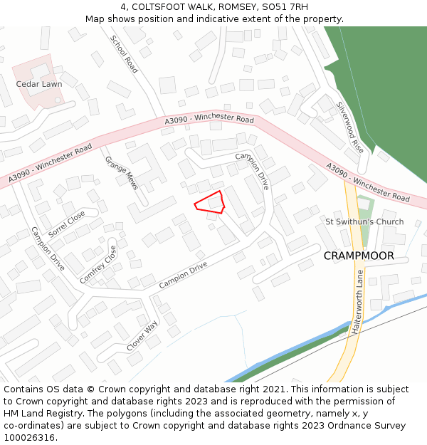 4, COLTSFOOT WALK, ROMSEY, SO51 7RH: Location map and indicative extent of plot