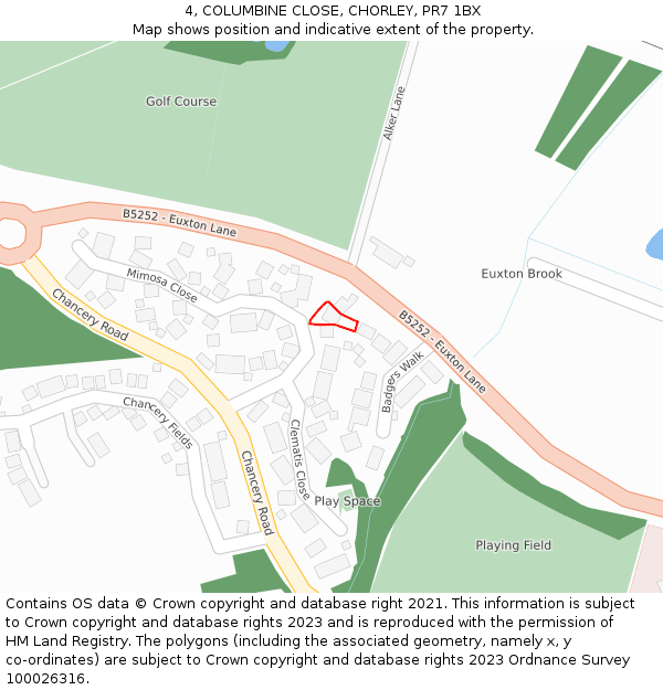 4, COLUMBINE CLOSE, CHORLEY, PR7 1BX: Location map and indicative extent of plot